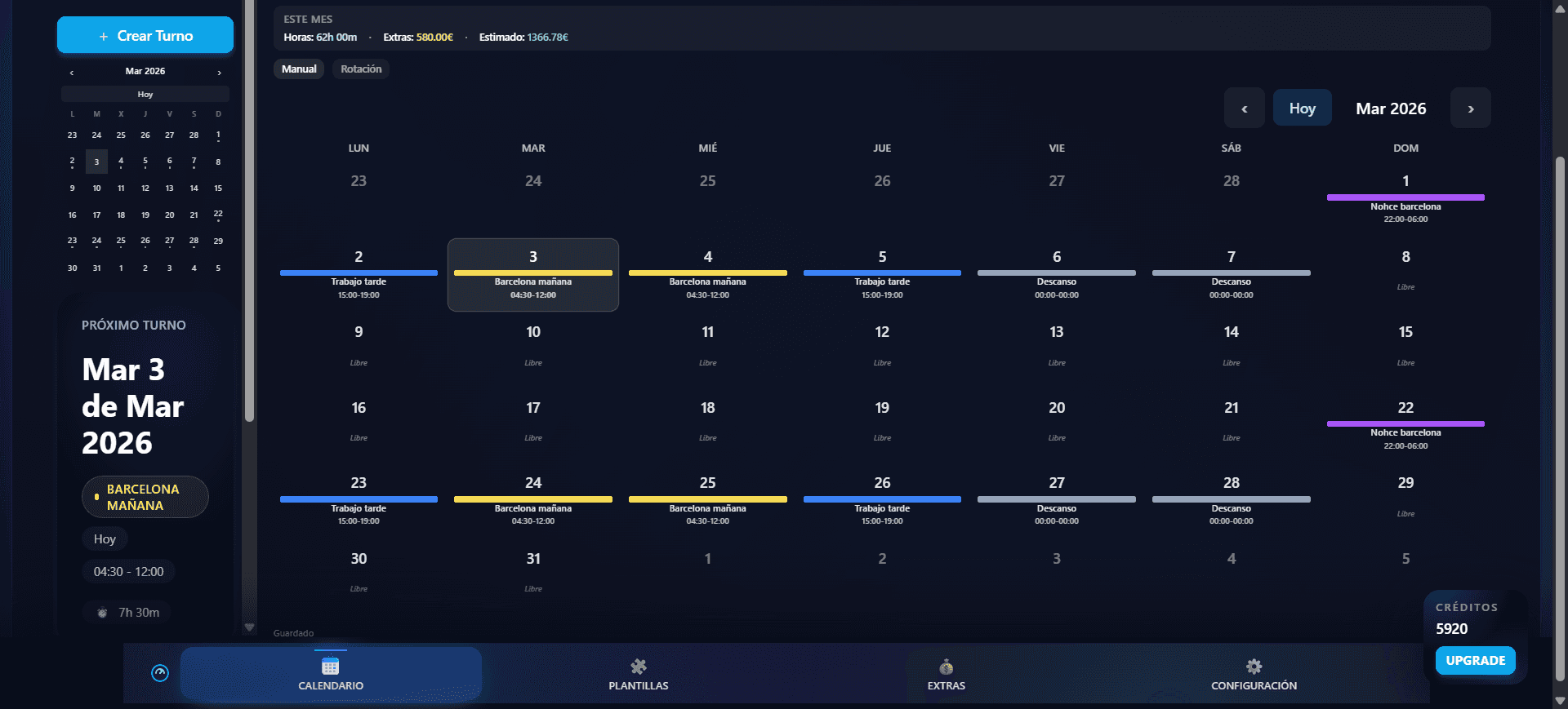 Calendario mensual con turnos y colores por plantilla en Planloop